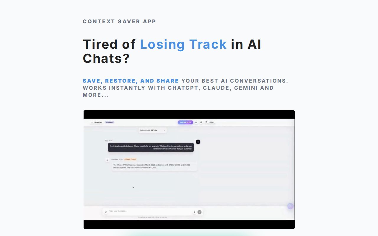 Show HN: Tired of Losing AI Chat Context? Try Context Saver